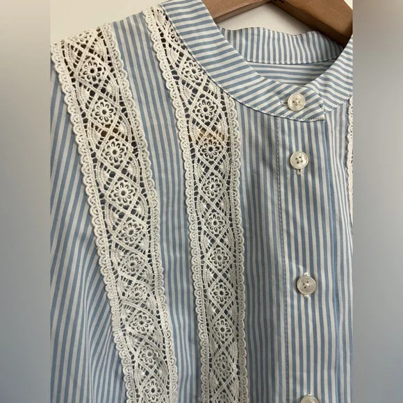 Boden Blue White Stripe Lace Blouse Women US 6 100% Cotton Cottagecore Top Boho - Picture 3 of 10